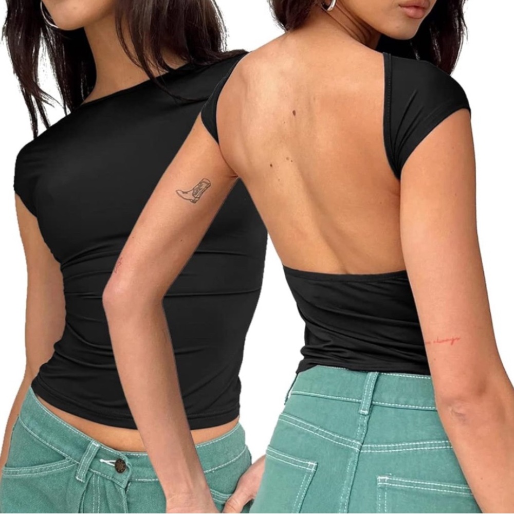 Open back boat neck black top NWOT